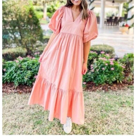 Anna Cate Maxi Dress M Blush Puff Sleeve V-neck Maxi Boho Cottagecore Prairie